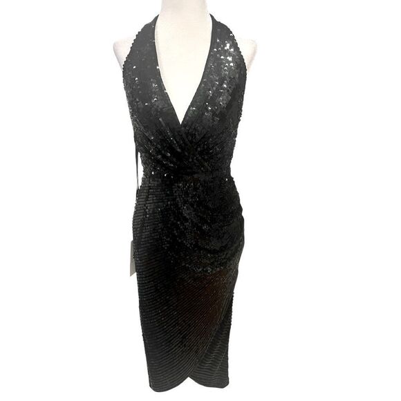 NWTâ MacâDuggal black sequin midi Halter dress women's size 2 with side ruching - Picture 3 of 14
